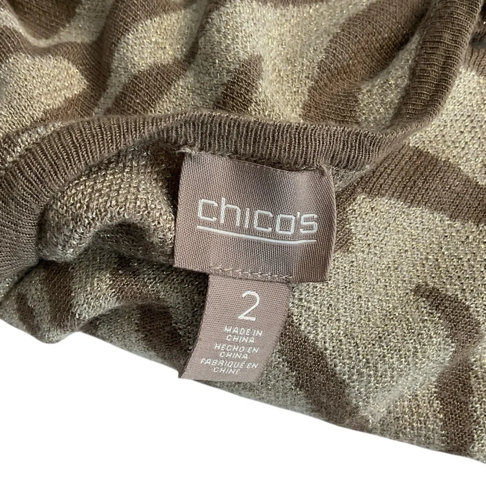 Chico's Tan and Brown Zebra Print Gold Metallic Accent Crewneck Sweater Size M